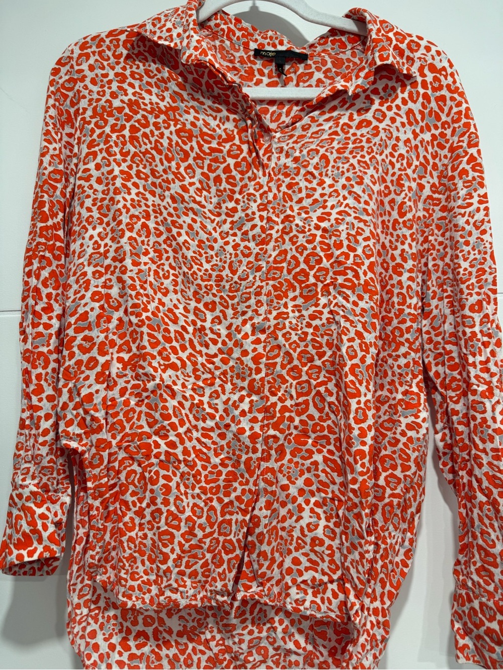 Maje Orange and Cream Leopard-Print Button Down Shirt
